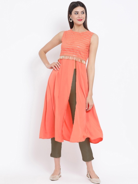 

studio rasa Women Peach-Coloured Embellished A-Line Kurta, Coral