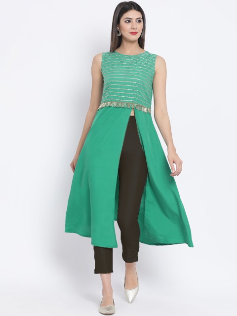 

studio rasa Women Green Embellished Straight Kurta