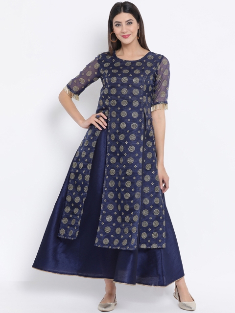 

studio rasa Women Navy Blue & Beige Printed A-Line Kurta