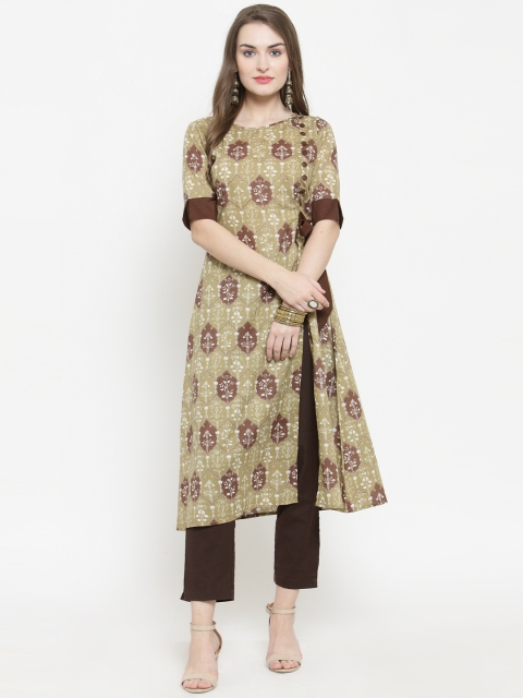 

Indibelle Women Olive Green & Brown Printed Kurta with Trousers