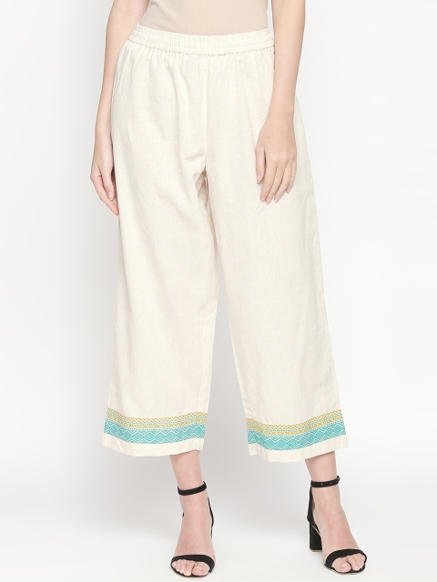 

AKKRITI BY PANTALOONS Women Off-White Regular Fit Printed Parallel Trousers
