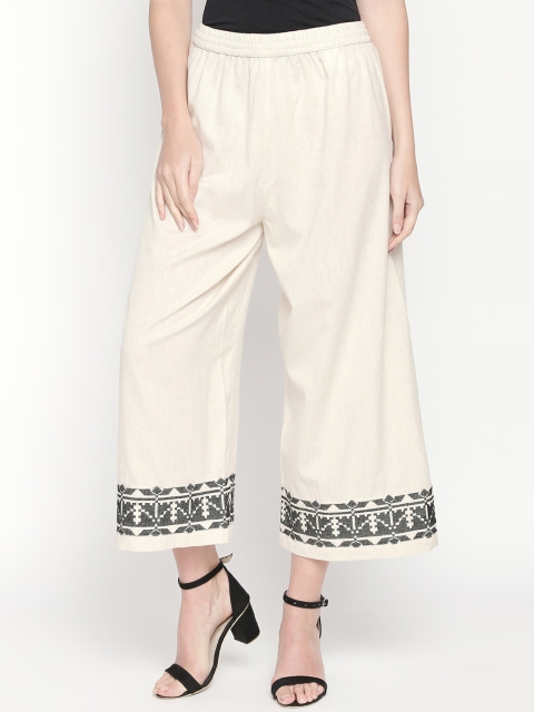 

AKKRITI BY PANTALOONS Women Off-White Regular Fit Printed Parallel Trousers