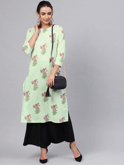

anayna Women Sea Green & Pink Printed Straight Kurta