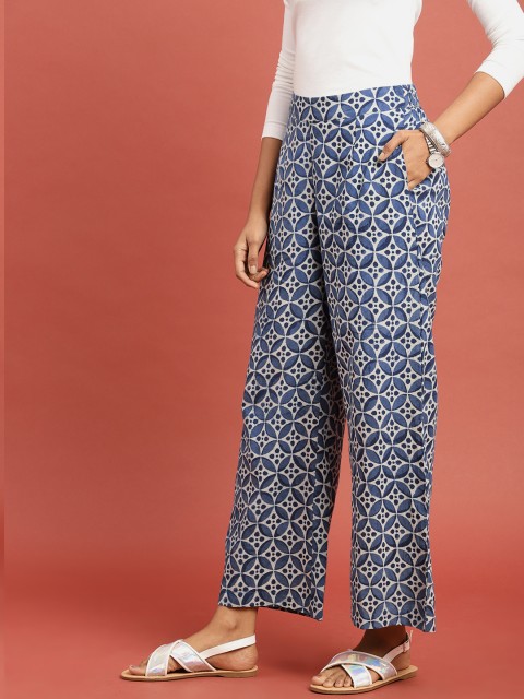 

Taavi Women Blue Indigo Hand Block Print Palazzos with Pockets