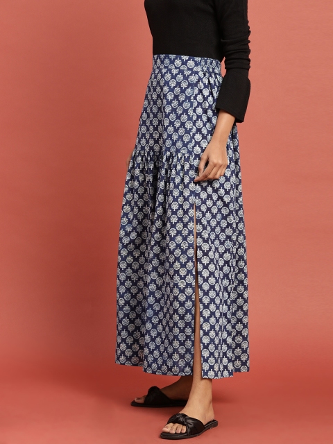 

Taavi Women Blue & Off-White Indigo Hand Block Print Maxi Flared Skirt with Gathers & Slit