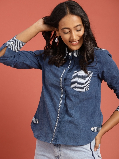 

Taavi Women Blue Indigo Hand Block Print Casual Sustainable Shirt
