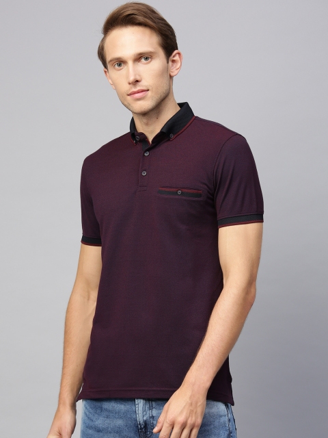 

Peter England Casuals Men Aubergine Solid Polo Collar T-shirt, Purple