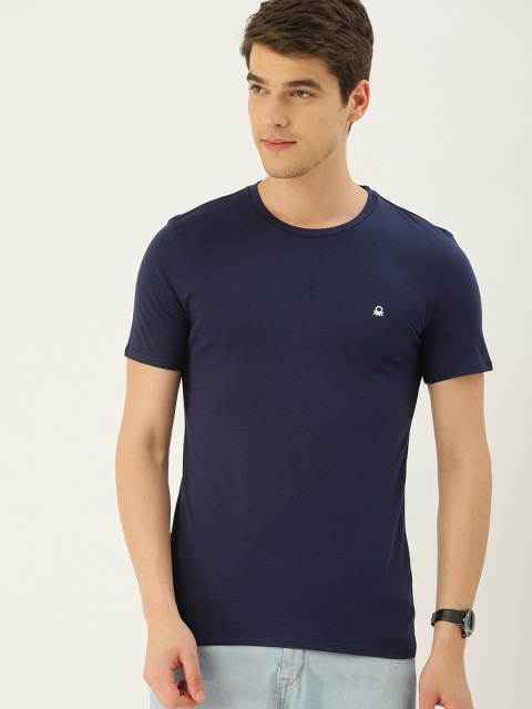 

United Colors of Benetton Men Navy Blue Solid Round Neck Pure Cotton T-shirt
