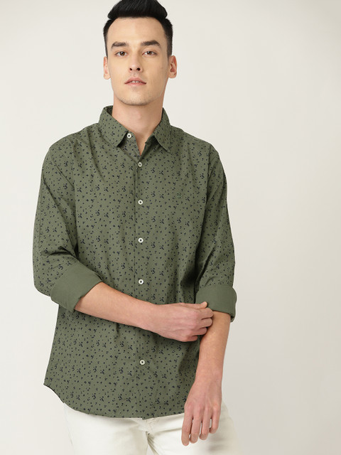 

United Colors of Benetton Men Olive Green & Navy Blue Regular Fit Printed Casual Shirt