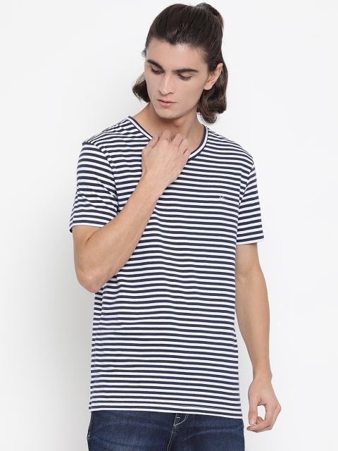 

United Colors of Benetton Men White & Navy Blue Striped V-Neck T-shirt