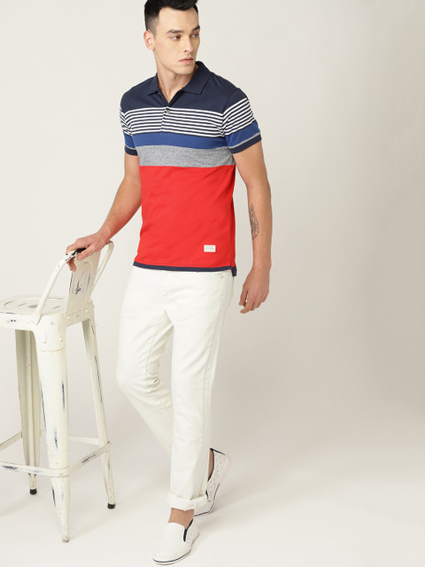 

United Colors of Benetton Men Blue & Red Striped Polo Collar T-shirt