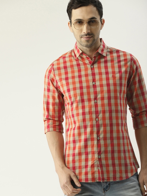 

United Colors of Benetton Men Orange & Beige Slim Fit Checked Casual Shirt