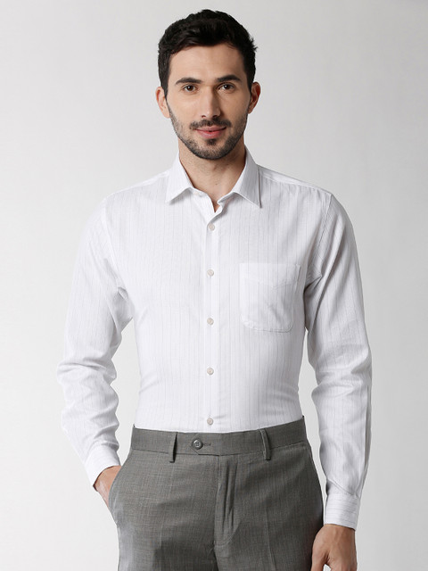 

Peter England Men White and Grey Regular Fit Striped Formal Shirt