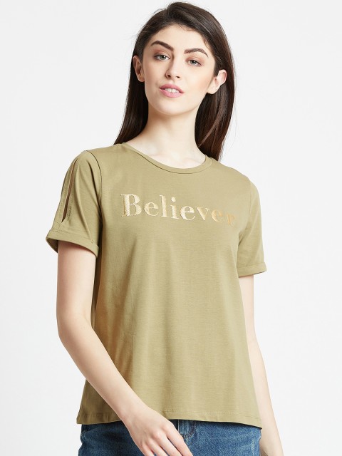 

COVER STORY Women Khaki Printed Round Neck T-shirt
