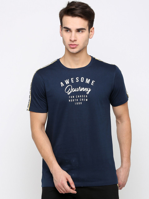 

Maniac Men Navy Blue Printed Round Neck T-shirt