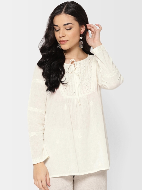 

Fabindia Women Off-White Chikankari Embroidered A-Line Kurti