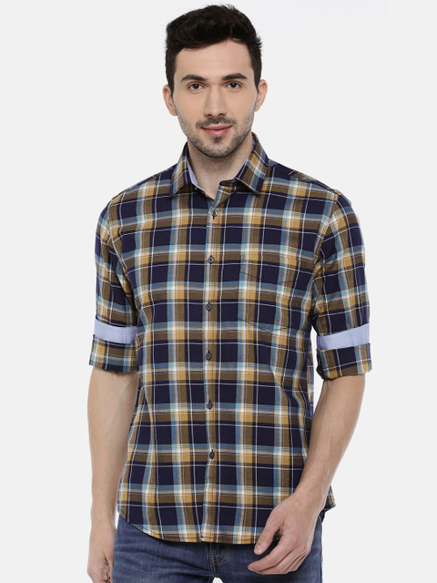 

Van Heusen Men Khaki Brown & Navy Blue Slim Fit Checked Casual Shirt