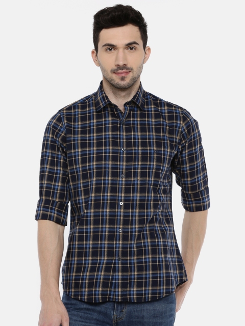 

Van Heusen Men Navy Blue & Yellow Slim Fit Checked Casual Shirt