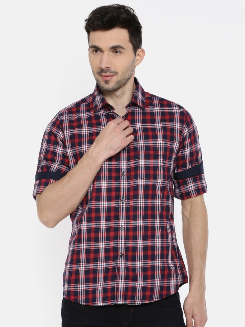 

Van Heusen Men Navy Blue & Red Slim Fit Checked Casual Shirt