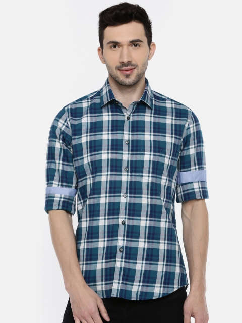 

Van Heusen Men Teal Blue & White Checked Slim Fit Casual Shirt