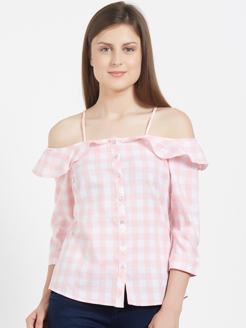 

Kraus Jeans Women Pink & White Checked Shirt Style Top