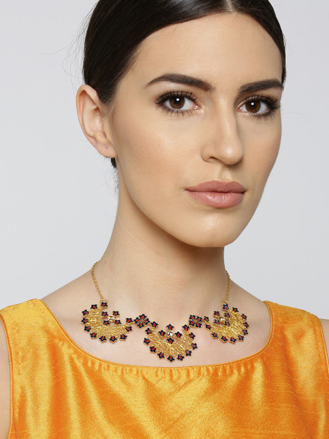 

Zariin Navy & Red 22K Gold-Plated Stone-Studded Enamelled Filigree Necklace