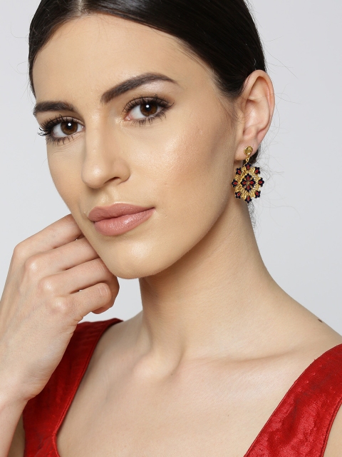 

Zariin Navy & Red 22K Gold-Plated Enamelled Filigree Floral Drop Earrings