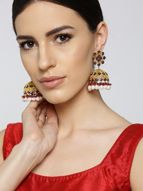 

Zariin Navy & Red 22K Gold-Plated Enamelled Filigree Beaded Dome-Shaped Jhumkas