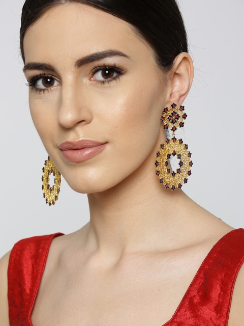 

Zariin Navy & Red 22K Gold-Plated Enamelled Filigree Circular Drop Earrings