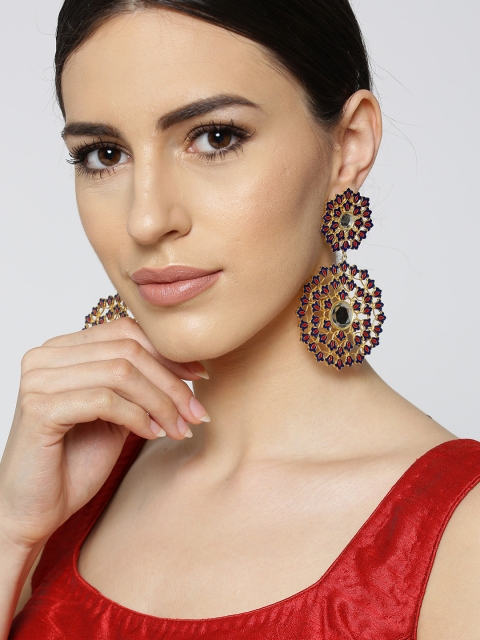 

Zariin Navy & Red 22K Gold-Plated Enamelled Filigree Stone-Studded Circular Drop Earrings