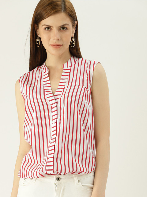 

MANGO Women White & Red Striped Shirt Style Top