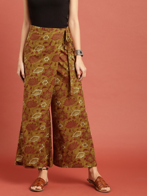 

Taavi Women Mustard Brown & Maroon Block Print Legacy Wrap-Up Sustainable Palazzos