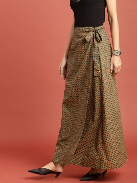 

Taavi Women Mustard Yellow & Blue Block Print Legacy Wrap Maxi Skirt with Tie-Up Detail