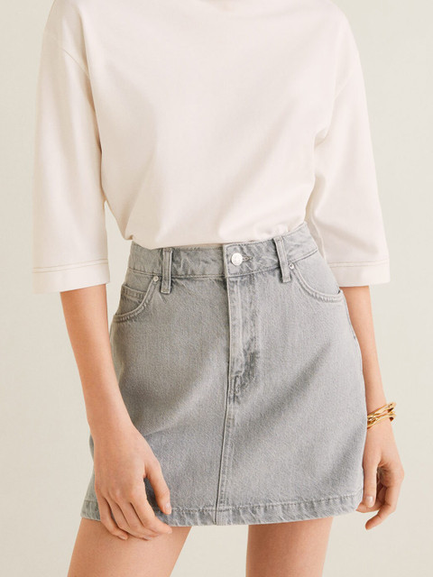 

MANGO Women Grey Solid Mini A-Line Denim Skirt
