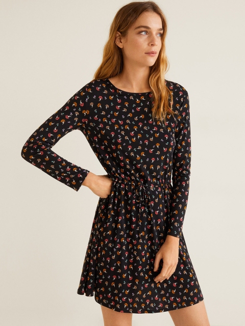 

MANGO Women Black & Pink Floral Printed A-Line Dress With Waist Tie-Ups