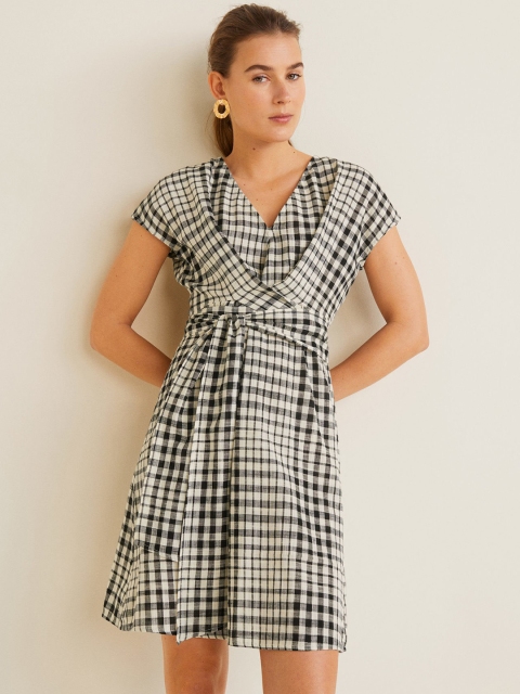 

MANGO Women Black & Off-White Checked Wrap Dress
