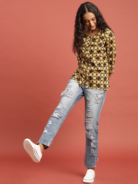 

Taavi Women Cream-Coloured & Mustard Yellow Block Print Legacy Regular Top