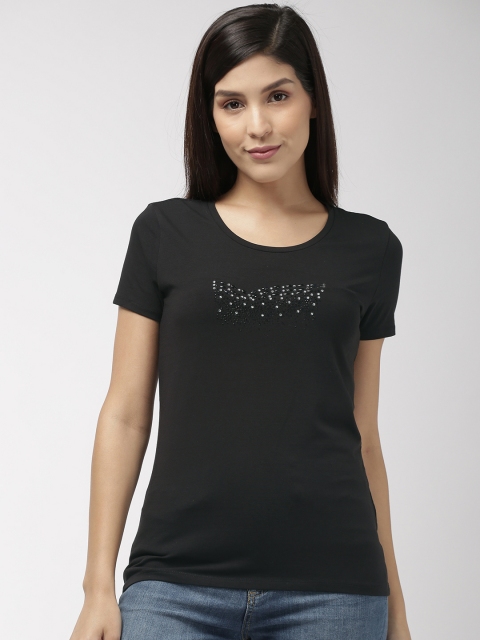 

GAS Women Black Solid Round Neck Embellished T-shirt