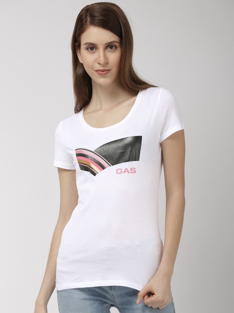 

GAS Women White Printed Round Neck T-shirt