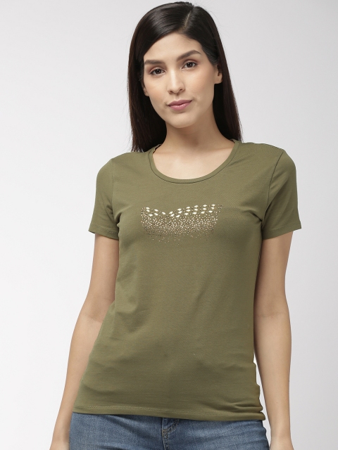 

GAS Women Olive Green Solid Round Neck Embellished T-shirt