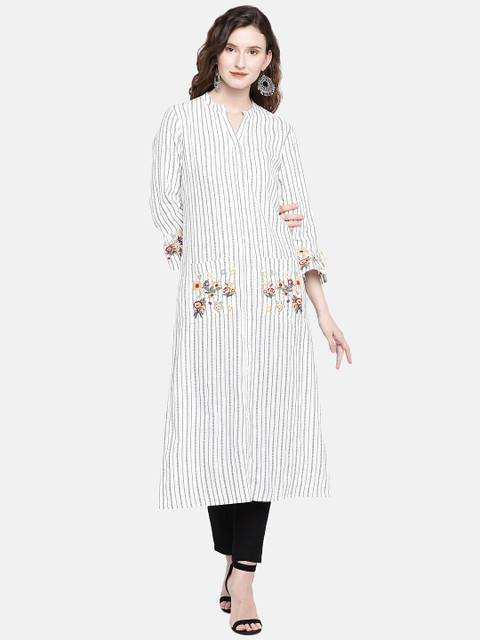 

Ethnicity Women White Striped Straight Kurta