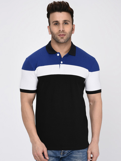 

WILD WEST Men Black & Blue Colourblocked Polo Collar T-shirt