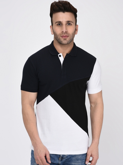 

WILD WEST Men Navy Blue & White Colourblocked Polo Collar T-shirt