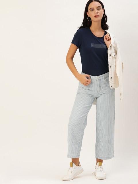 

Calvin Klein Jeans Women Navy Blue Solid Slim Fit Round Neck T-shirt With Printed Detail