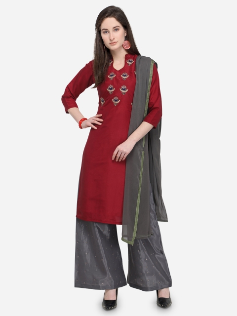

mf Maroon & Grey Poly Silk Semi-Stitched Dress Material