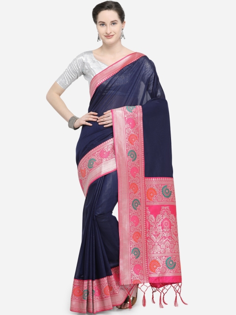 

Varkala Silk Sarees Navy Blue & Pink Silk Cotton Solid Banarasi Saree