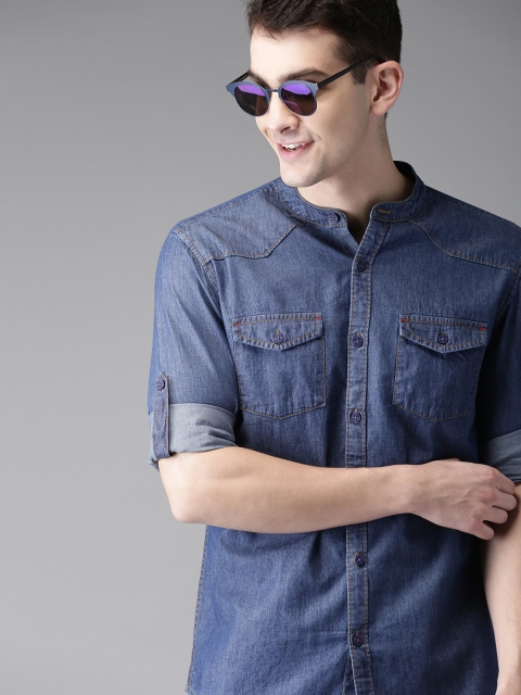 

HERE&NOW Men Blue Slim Fit Solid Chambray Shirt