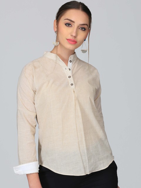 

Abhishti Women Beige Striped Shirt Style Pure Cotton Top