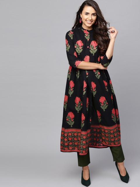 

Indo Era Women Black & Pink Printed A-Line Kurta