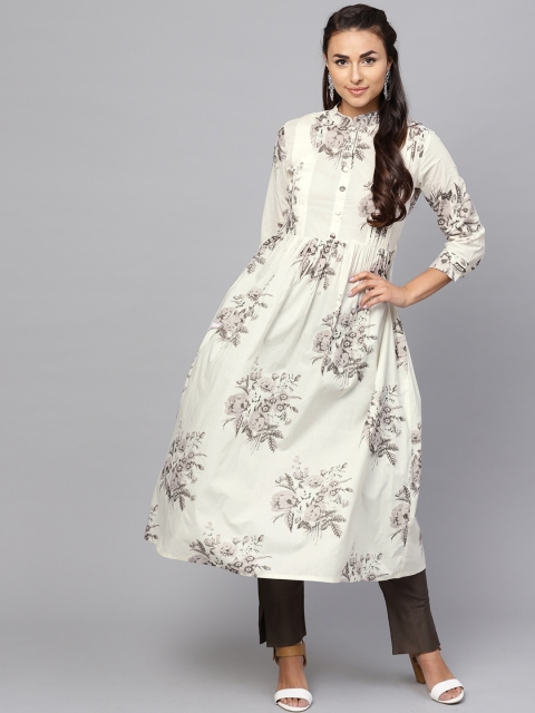 

Indo Era Women Off-White & Grey Floral Print A-Line Kurta